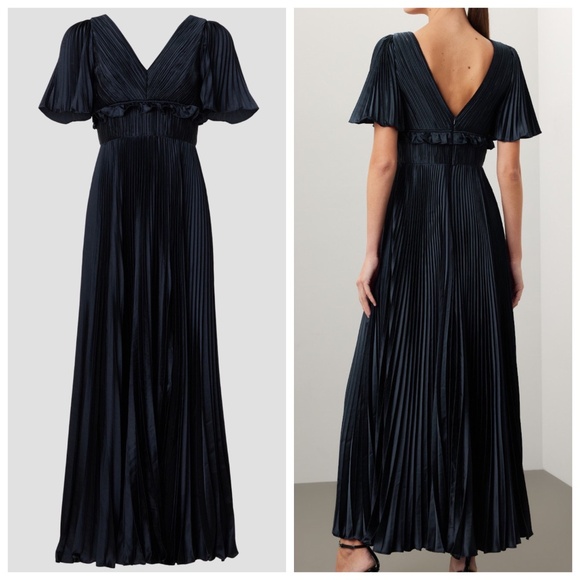 AMUR Suze Navy Blue Midgnight Pleated Gown Maxi Dress Flutter Sleeve - Size 8 - Picture 1 of 10